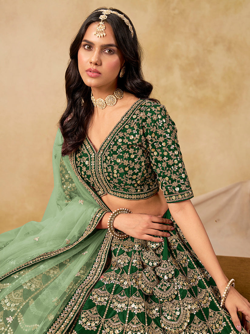 Monjolika Fashion Green Color Zari Embroidered Work Art Silk A Line Lehenga Choli