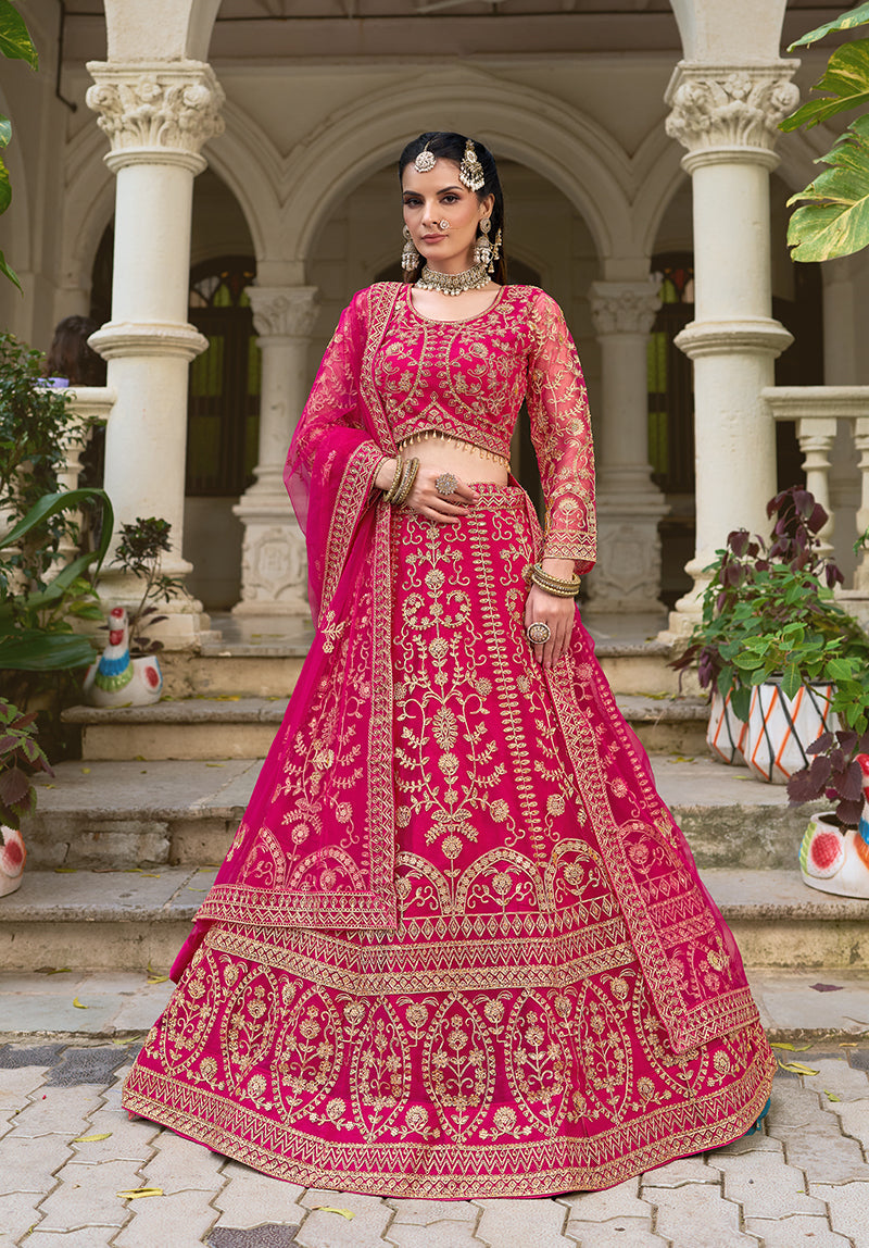 Monjolika Fashion Rani Pink Butterfly Net Embroidered Work Stunning Lehenga For Wedding Season