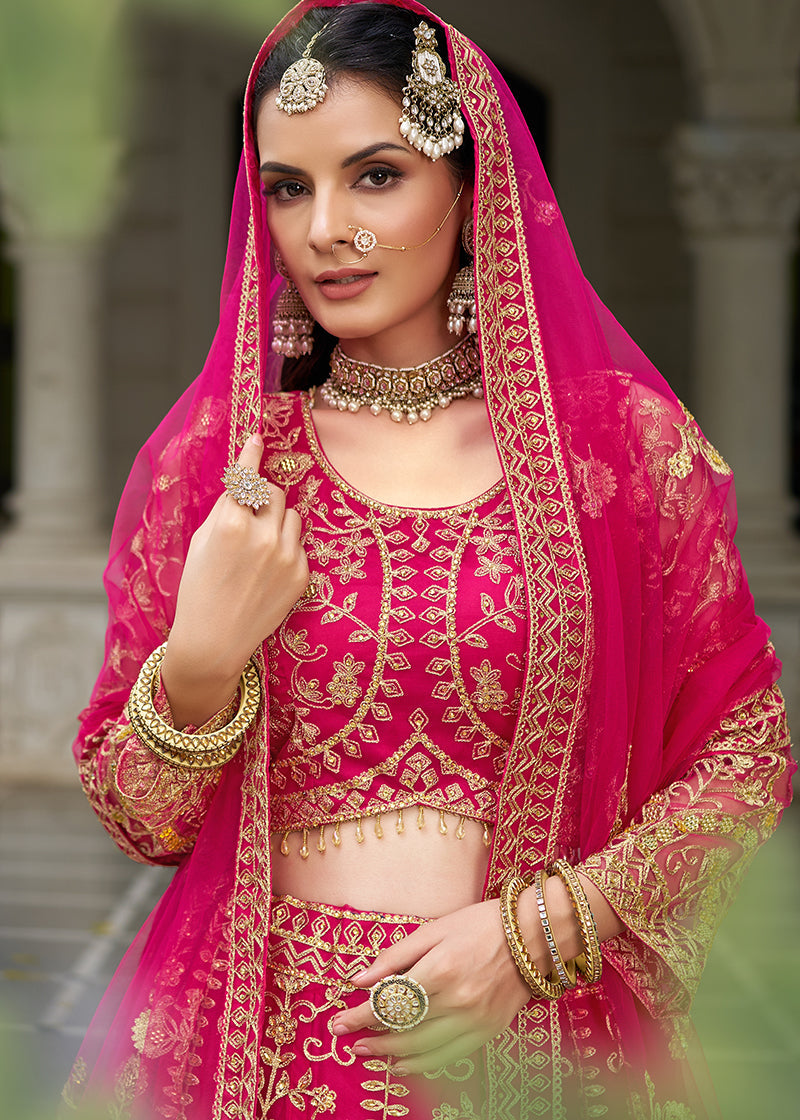 Monjolika Fashion Rani Pink Butterfly Net Embroidered Work Stunning Lehenga For Wedding Season