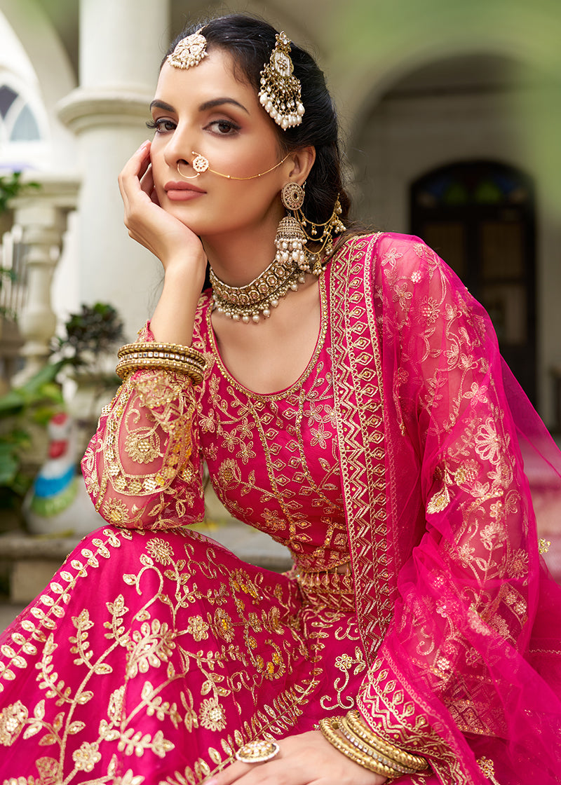 Monjolika Fashion Rani Pink Butterfly Net Embroidered Work Stunning Lehenga For Wedding Season