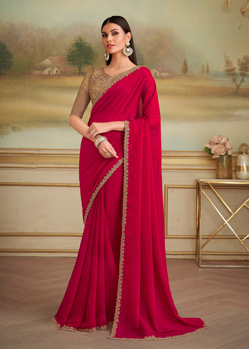 Monjolika Fashion Red Shining Georgette Embroidered Border Party Trendy Saree