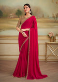 Monjolika Fashion Red Shining Georgette Embroidered Border Party Trendy Saree