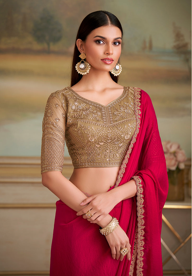 Monjolika Fashion Red Shining Georgette Embroidered Border Party Trendy Saree