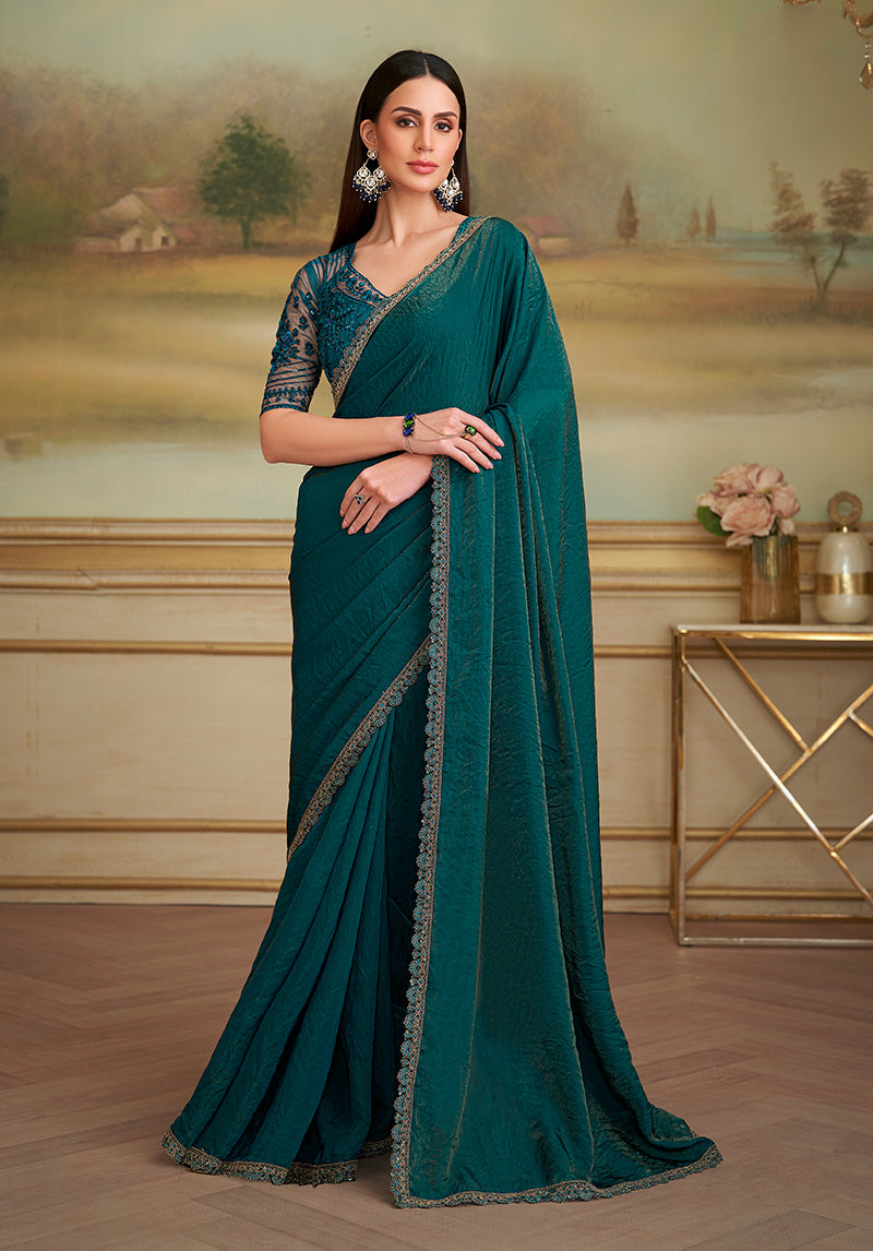 Monjolika Fashion Bottle Green Shining Georgette Embroidered Border Party Trendy Saree