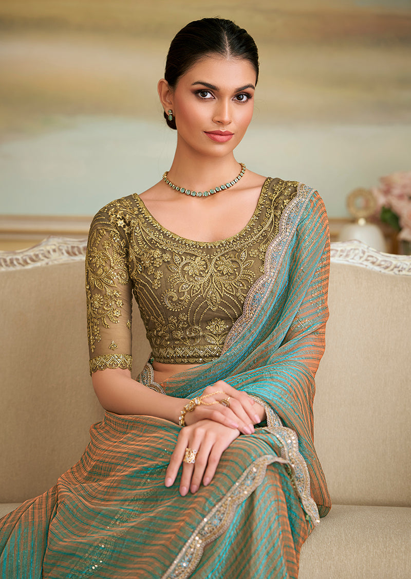 Monjolika Fashion Multicolor Blossom Georgette Embroidered Border Party Trendy Saree