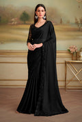 Monjolika Fashion Black Satin Chiffon Embroidered Border Party Trendy Saree