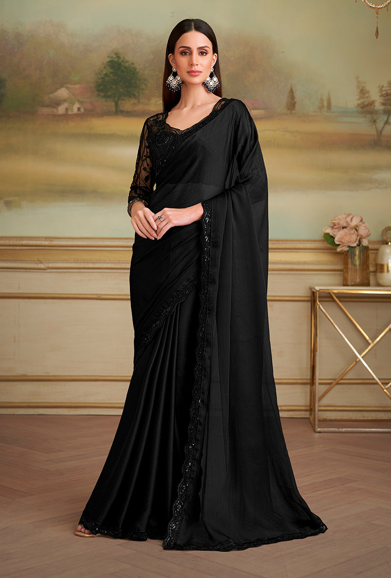 Monjolika Fashion Black Satin Chiffon Embroidered Border Party Trendy Saree