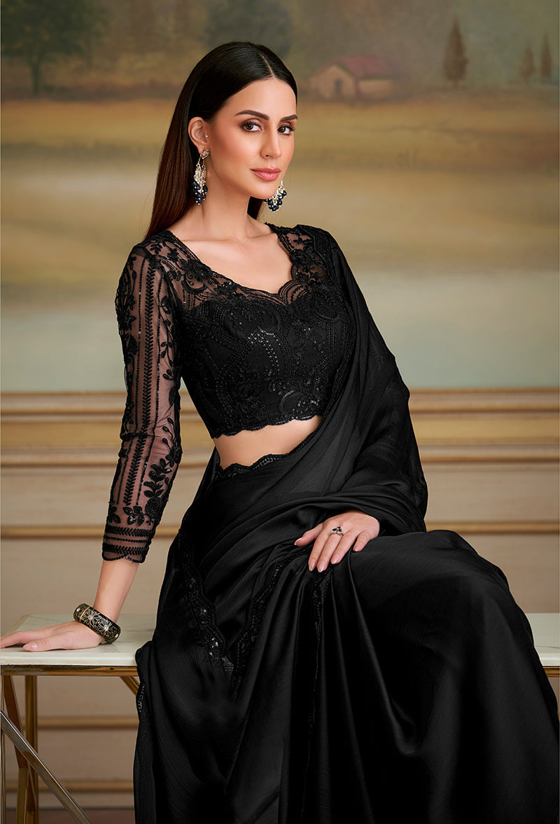 Monjolika Fashion Black Satin Chiffon Embroidered Border Party Trendy Saree