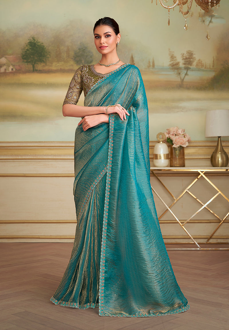 Monjolika Fashion Turquoise Checks Georgette Embroidered Border Party Trendy Saree