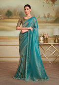Monjolika Fashion Turquoise Checks Georgette Embroidered Border Party Trendy Saree