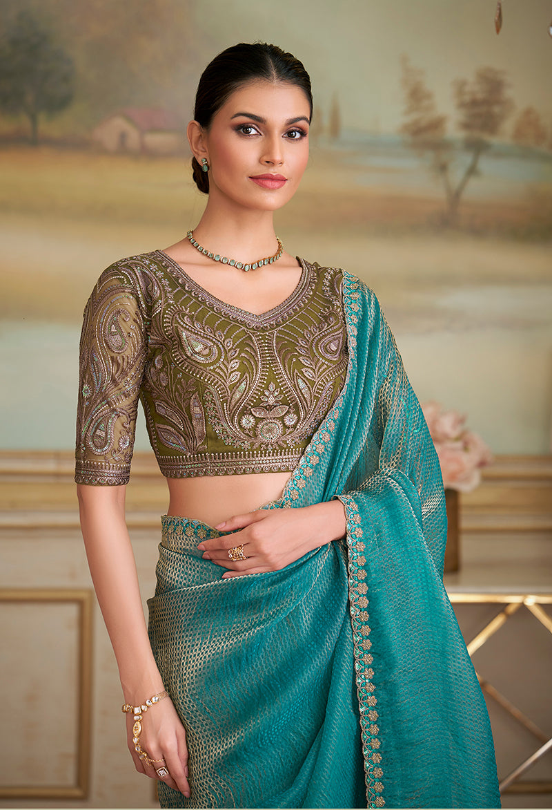 Monjolika Fashion Turquoise Checks Georgette Embroidered Border Party Trendy Saree