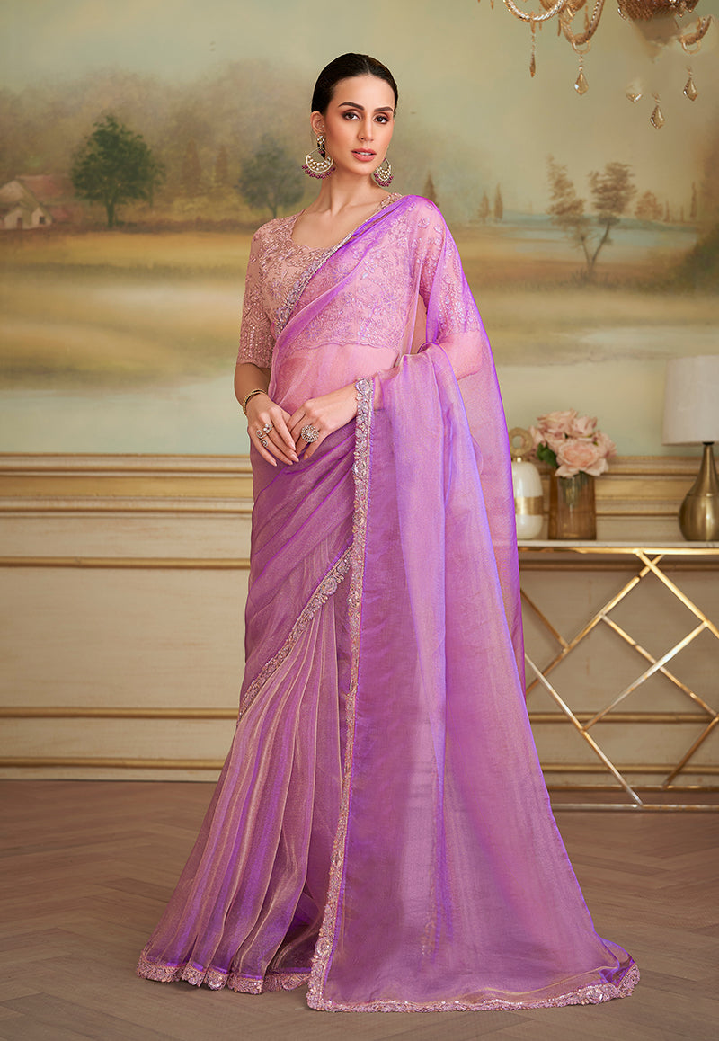Monjolika Fashion Lilac Tissue Georgette Embroidered Border Party Trendy Saree