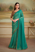 Monjolika Fashion Sea Green Gold Georgette Embroidered Border Party Trendy Saree
