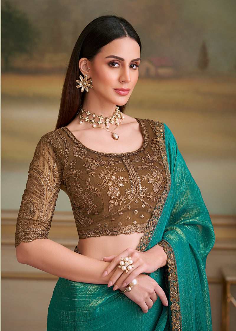 Monjolika Fashion Sea Green Gold Georgette Embroidered Border Party Trendy Saree