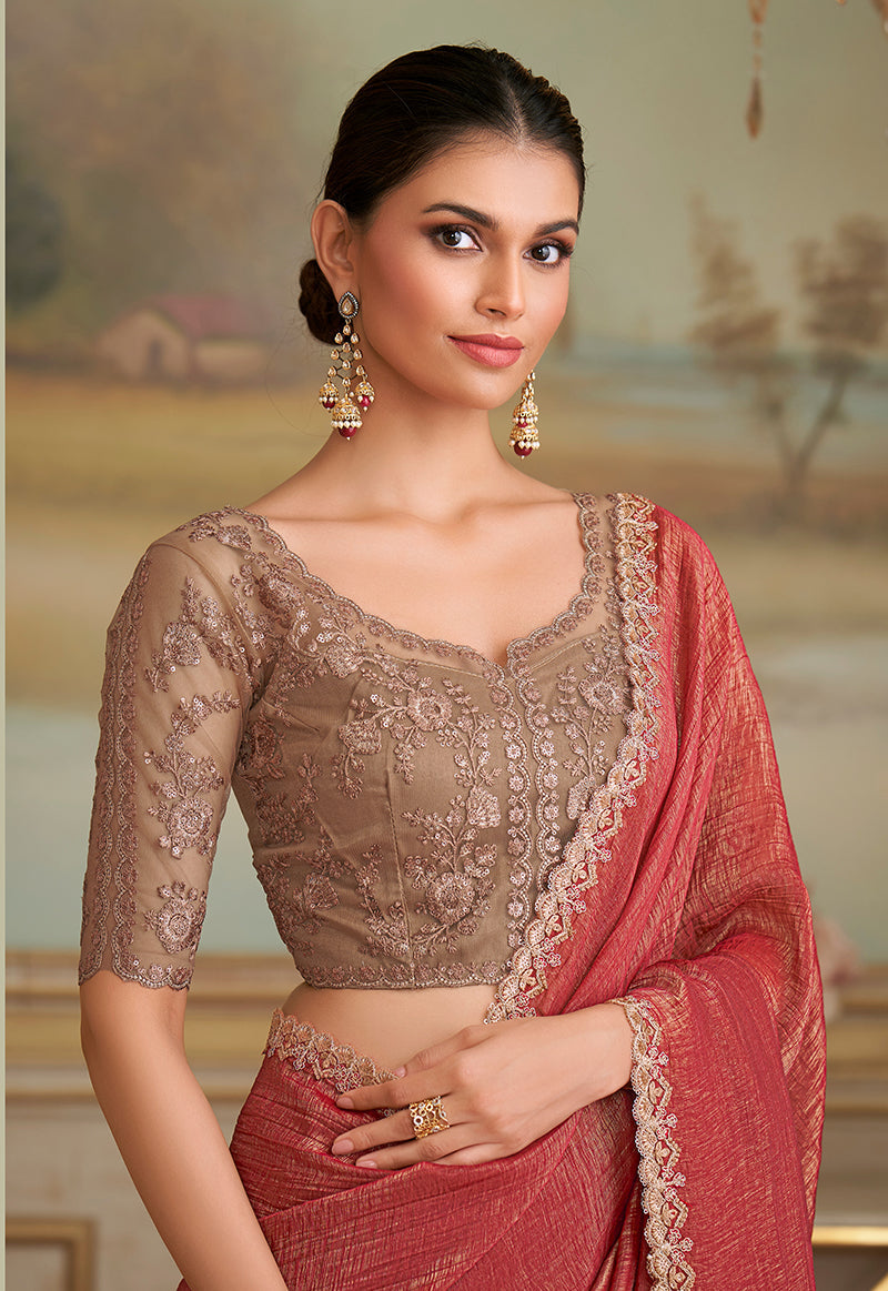Monjolika Fashion Rust Gold Georgette Embroidered Border Party Trendy Saree