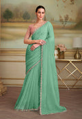 Monjolika Fashion Sky Blue Tissue Georgette Embroidered Border Party Trendy Saree