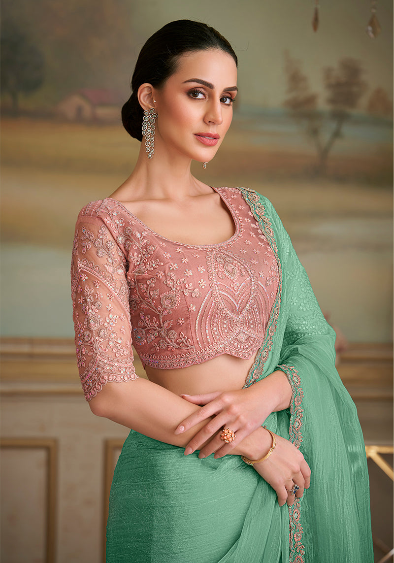Monjolika Fashion Sky Blue Tissue Georgette Embroidered Border Party Trendy Saree