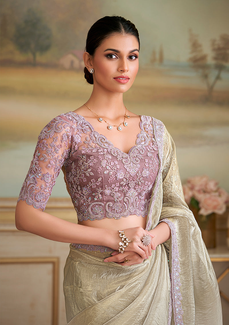 Monjolika Fashion Beige Tissue Georgette Embroidered Border Party Trendy Saree