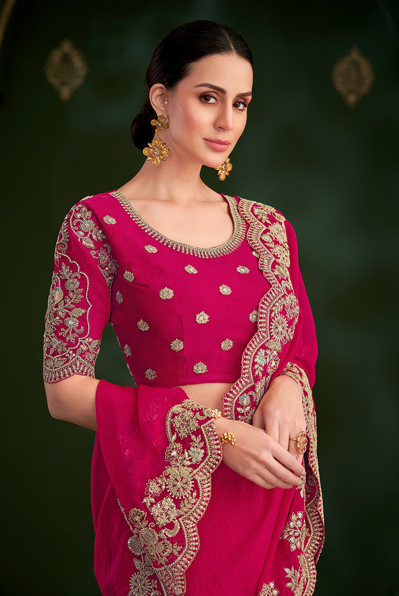Monjolika Fashion Rani Pink Color Shining Silk Georgette Saree With Heavy Work Blouse
