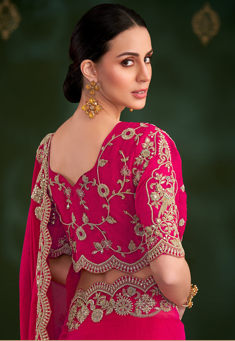 Monjolika Fashion Rani Pink Color Shining Silk Georgette Saree With Heavy Work Blouse
