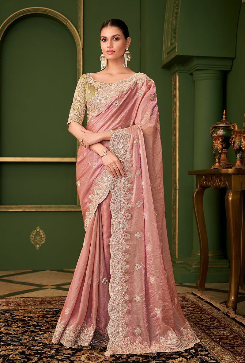 Monjolika Fashion Peach Color Shining Satin Georgette Saree With Heavy Work Blouse