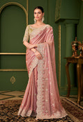 Monjolika Fashion Peach Color Shining Satin Georgette Saree With Heavy Work Blouse