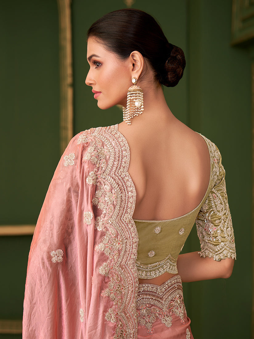Monjolika Fashion Peach Color Shining Satin Georgette Saree With Heavy Work Blouse