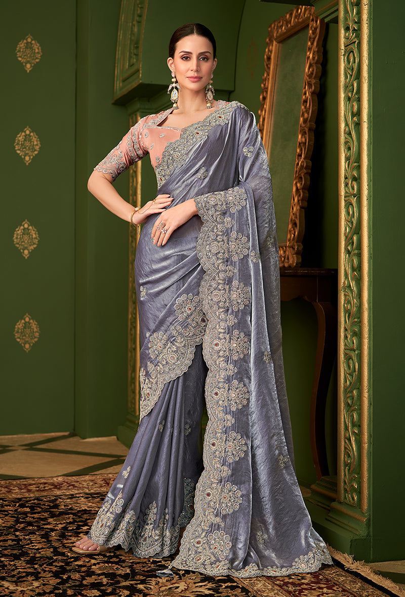 Monjolika Fashion Grey Color Shining Satin Georgette Saree With Heavy Work Blouse