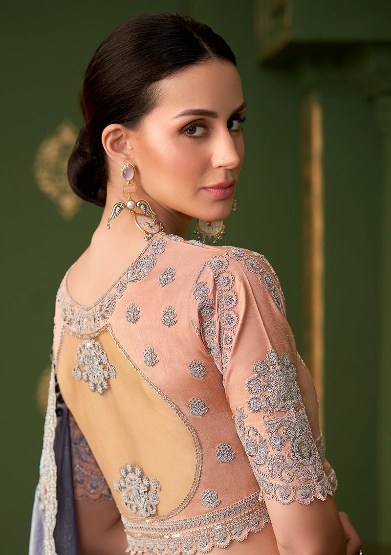 Monjolika Fashion Grey Color Shining Satin Georgette Saree With Heavy Work Blouse