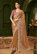 Monjolika Fashion Gold Beige Color Shining Satin Chiffon Silk Saree With Heavy Work Blouse
