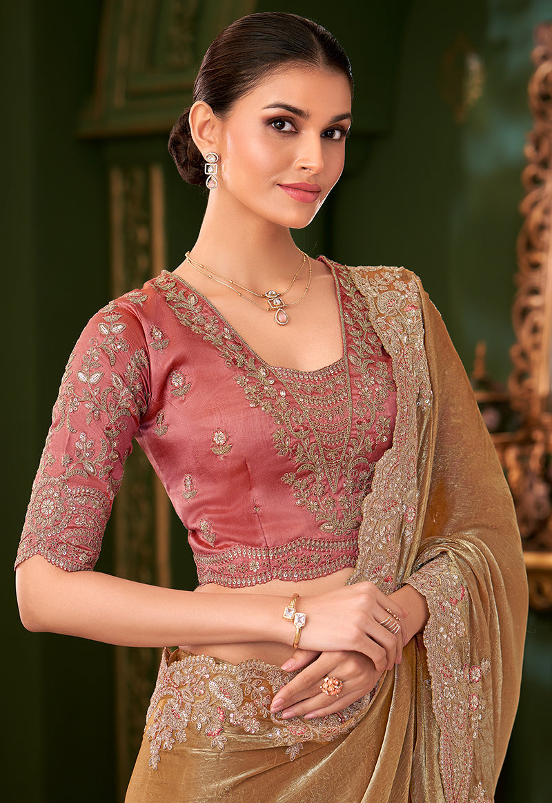 Monjolika Fashion Gold Beige Color Shining Satin Chiffon Silk Saree With Heavy Work Blouse