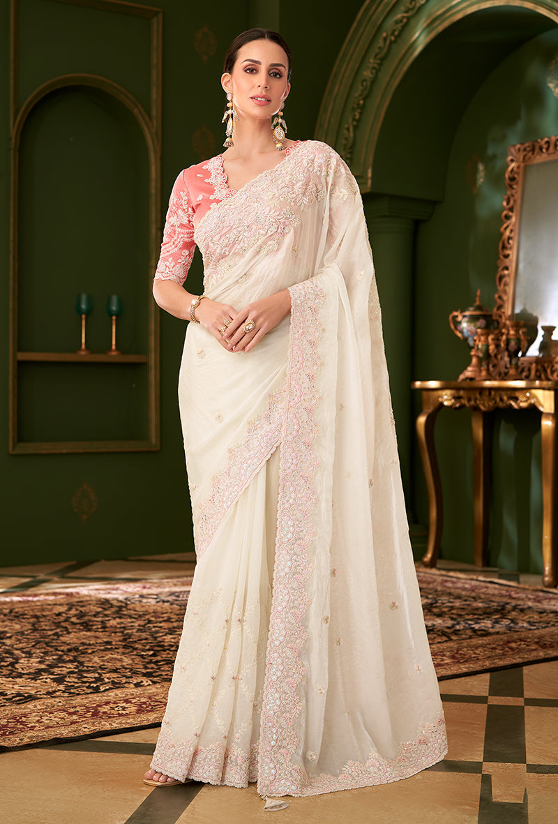 Monjolika Fashion White Color Shining Georgette Silk Saree With Heavy Work Blouse