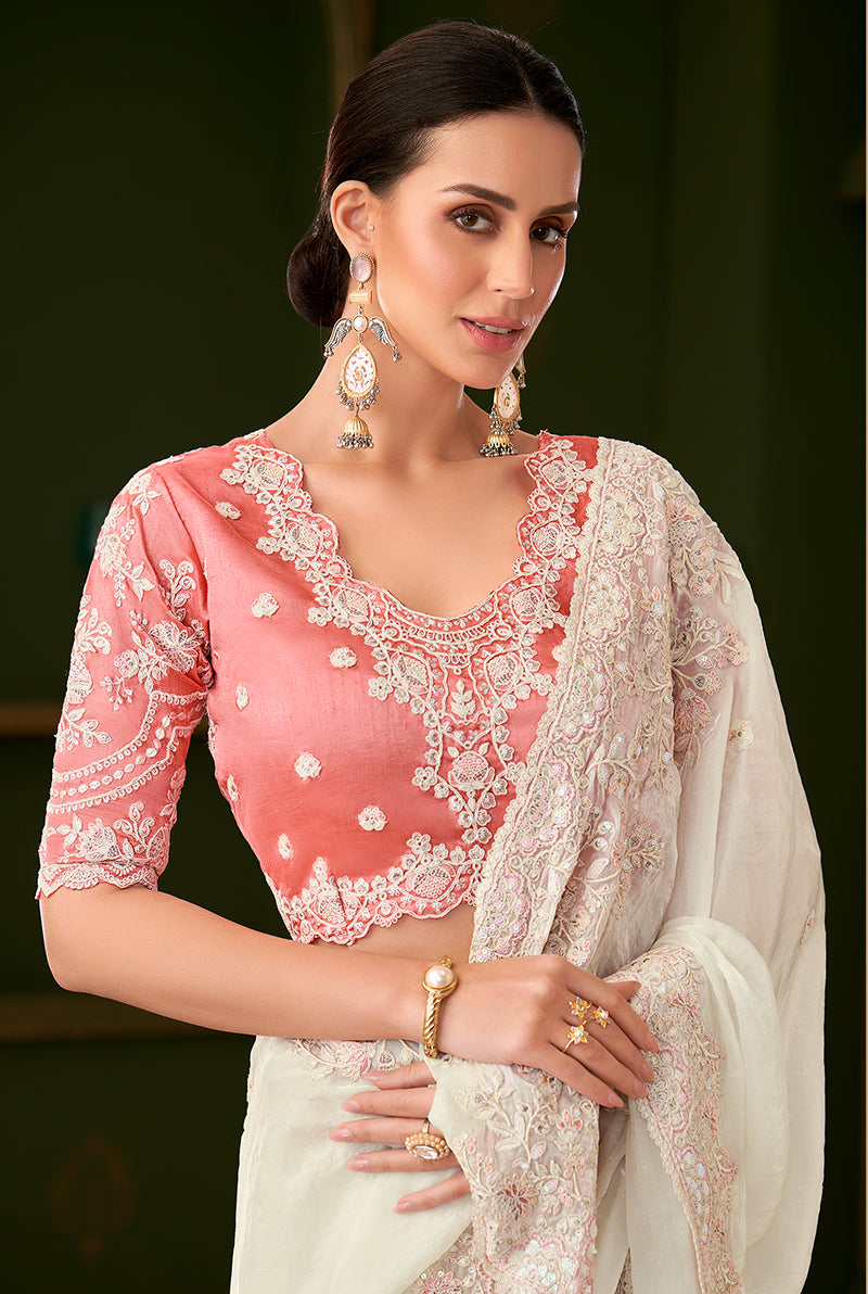 Monjolika Fashion White Color Shining Georgette Silk Saree With Heavy Work Blouse