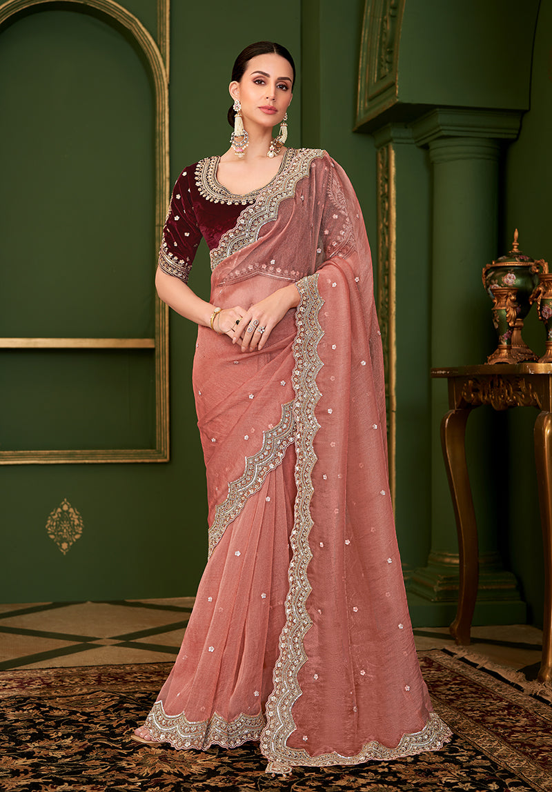 Monjolika Fashion Peach Color Tissue Georgette Silk Saree With Heavy Work Blouse