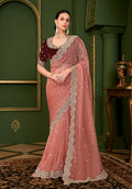 Monjolika Fashion Peach Color Tissue Georgette Silk Saree With Heavy Work Blouse