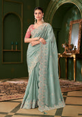Monjolika Fashion Sky Blue Color Viscose Georgette Silk Saree With Heavy Work Blouse