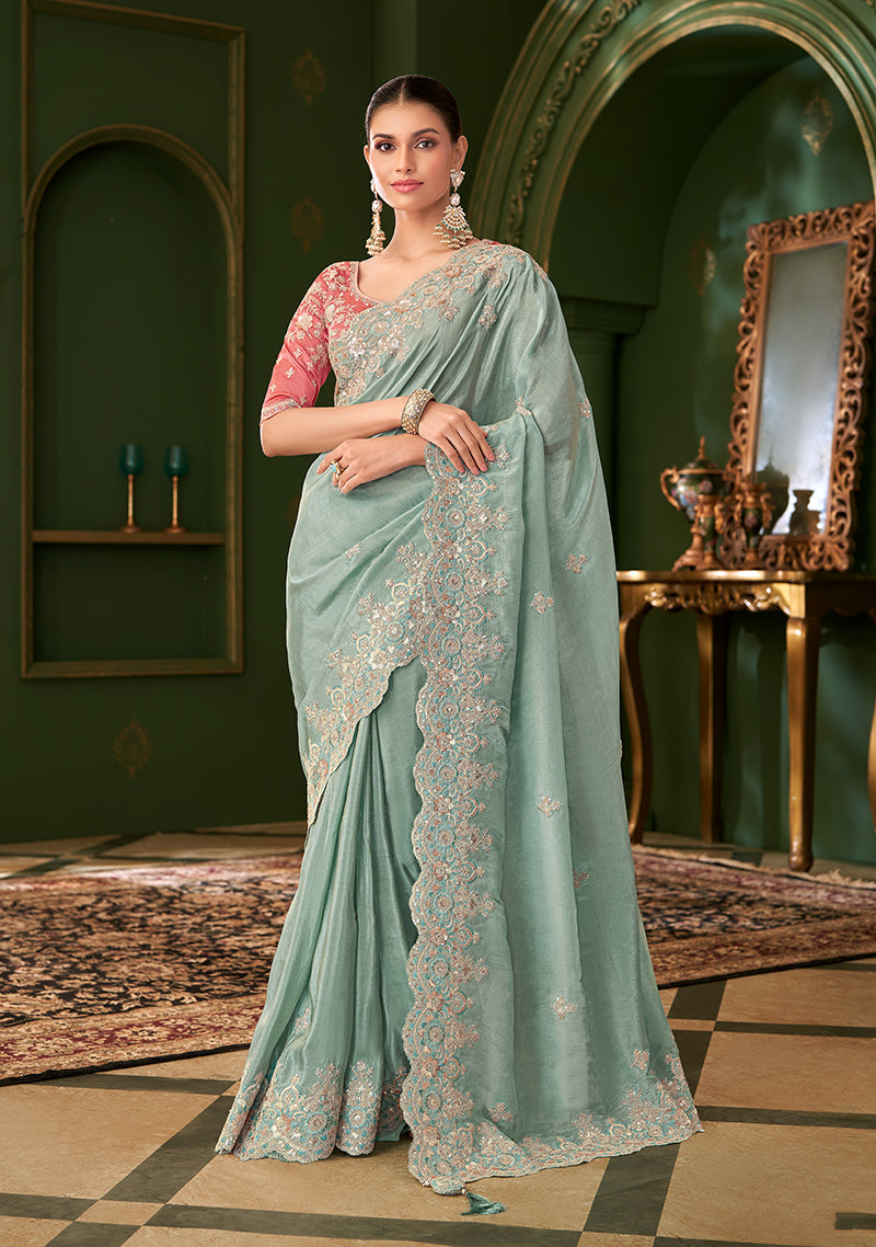 Monjolika Fashion Sky Blue Color Viscose Georgette Silk Saree With Heavy Work Blouse