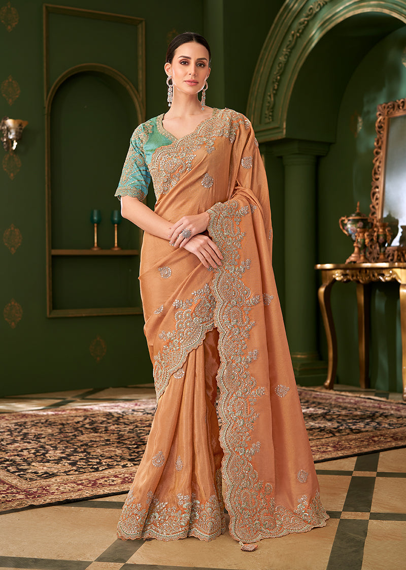 Monjolika Fashion Light Orange Color Georgette Silk Saree With Heavy Work Blouse