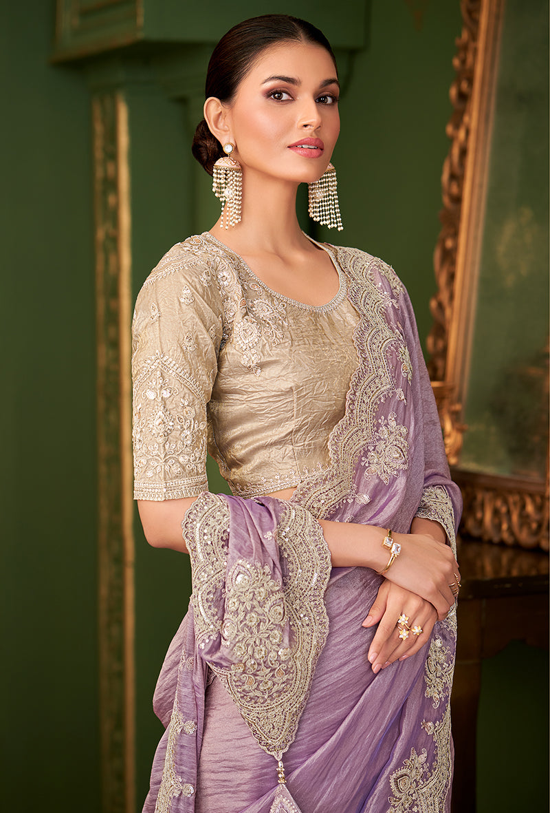 Monjolika Fashion Lavender Color Viscose Georgette Silk Saree With Heavy Work Blouse