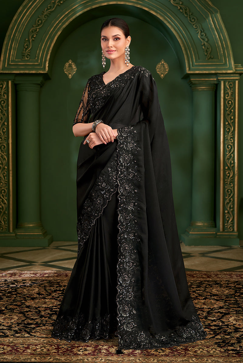 Monjolika Fashion Black Color Satin Georgette Saree With Heavy Work Blouse