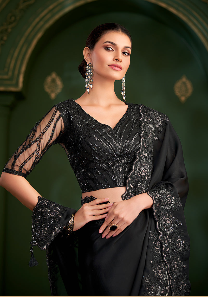 Monjolika Fashion Black Color Satin Georgette Saree With Heavy Work Blouse