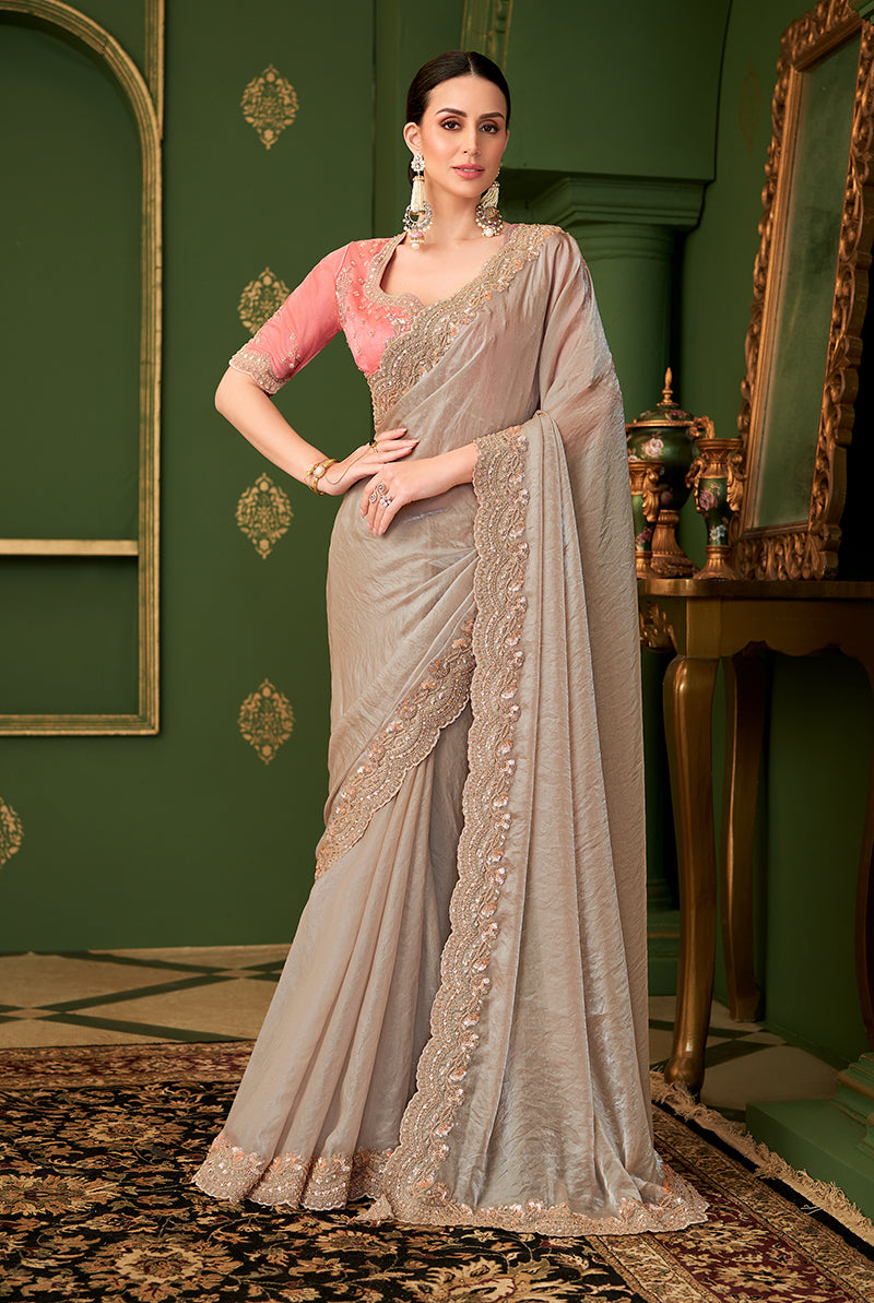 Monjolika Fashion Chiku Color Satin Georgette Saree With Heavy Work Blouse