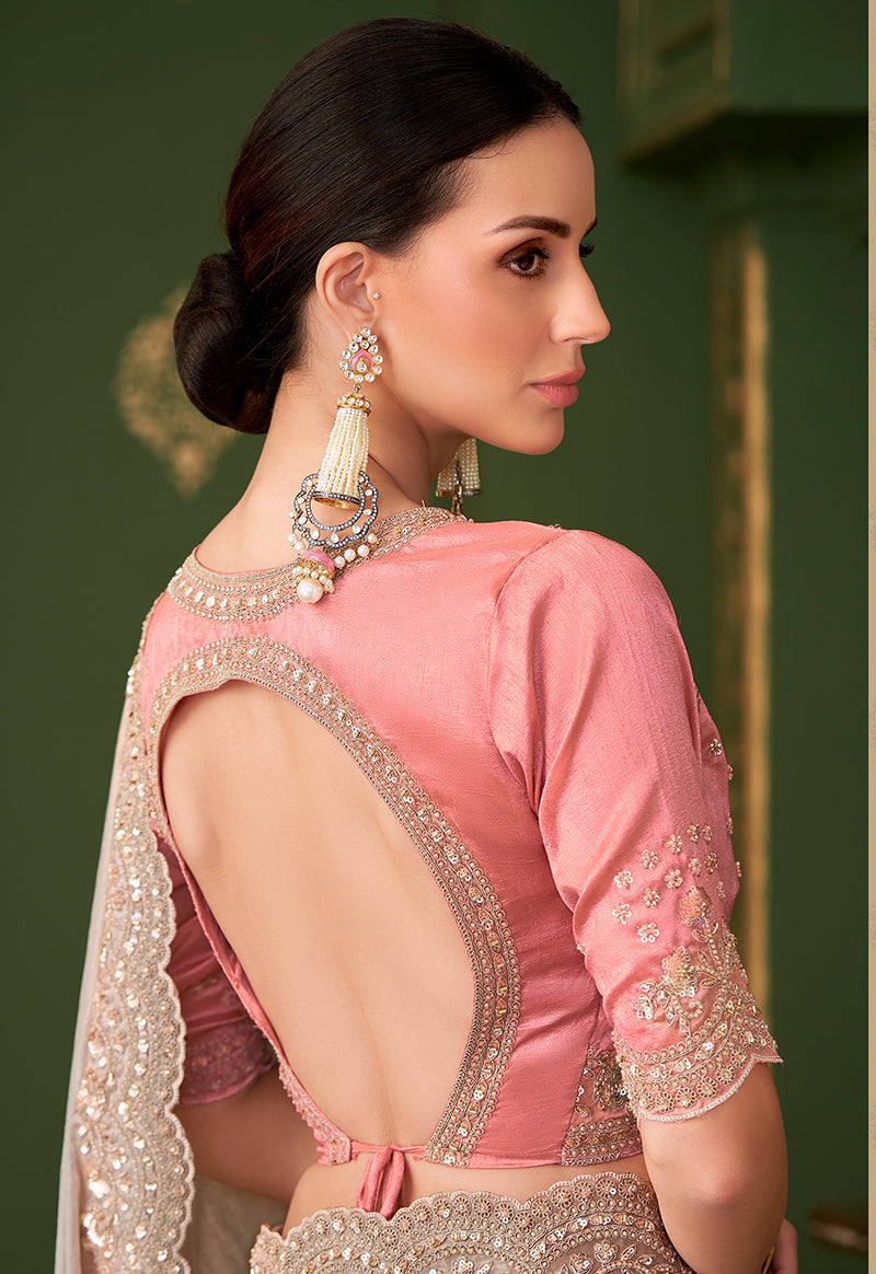 Monjolika Fashion Chiku Color Satin Georgette Saree With Heavy Work Blouse