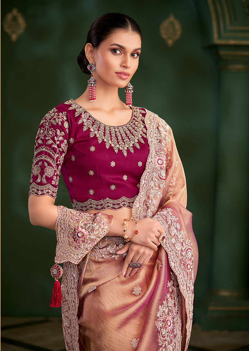 Monjolika Fashion Peach Color Shaded Georgette Saree With Heavy Work Blouse