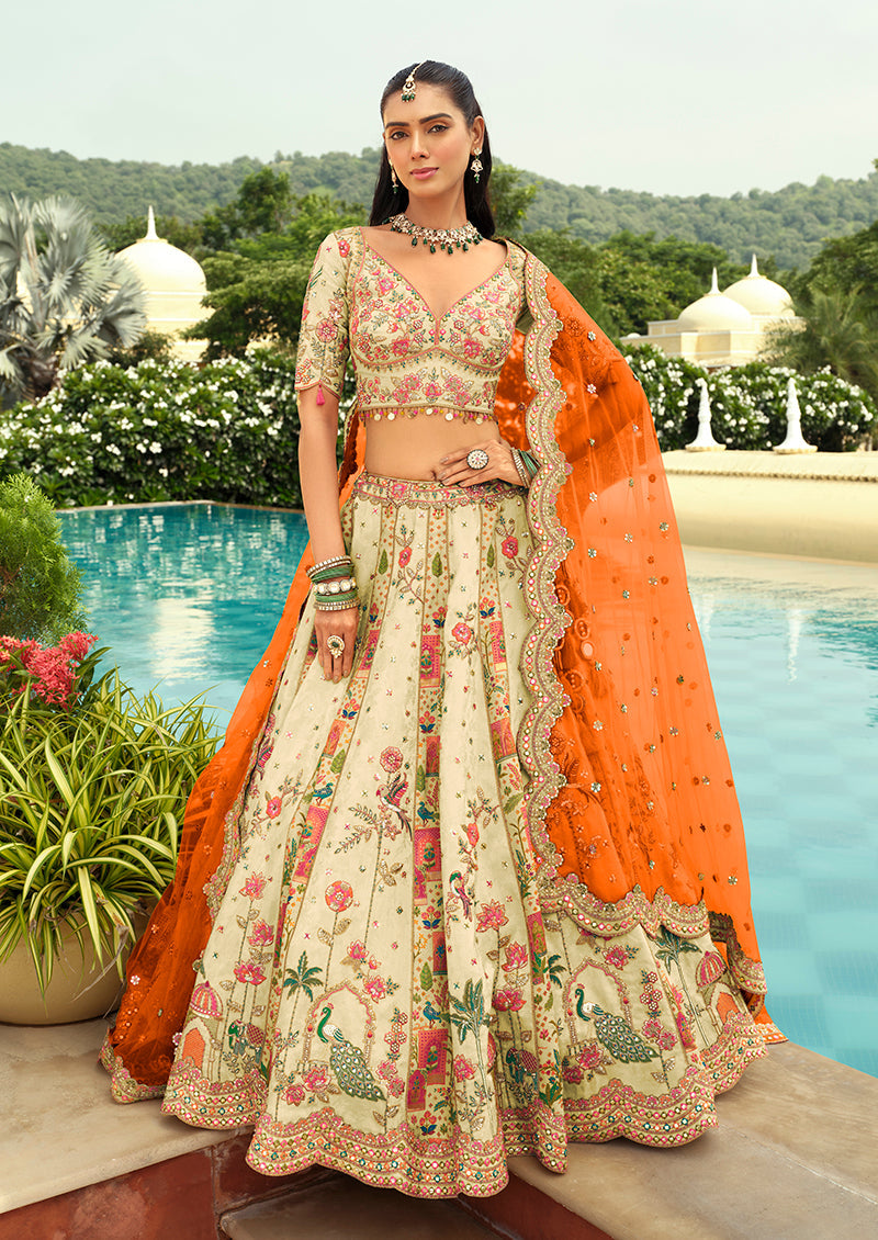 Monjolika Fashion Readymade Lehenga Choli Heavy Work Embroidered Silk In Cream