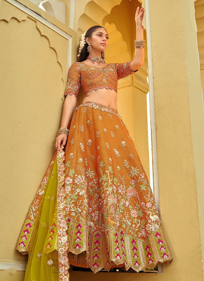 Monjolika Fashion Readymade Lehenga Choli Heavy Work Embroidered Silk In Amber