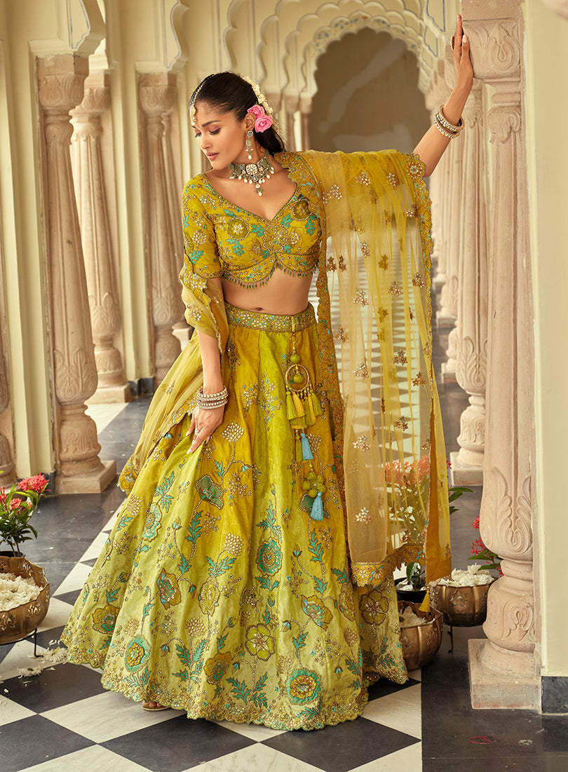 Monjolika Fashion Readymade Lehenga Choli Heavy Work Embroidered Silk In Lemon