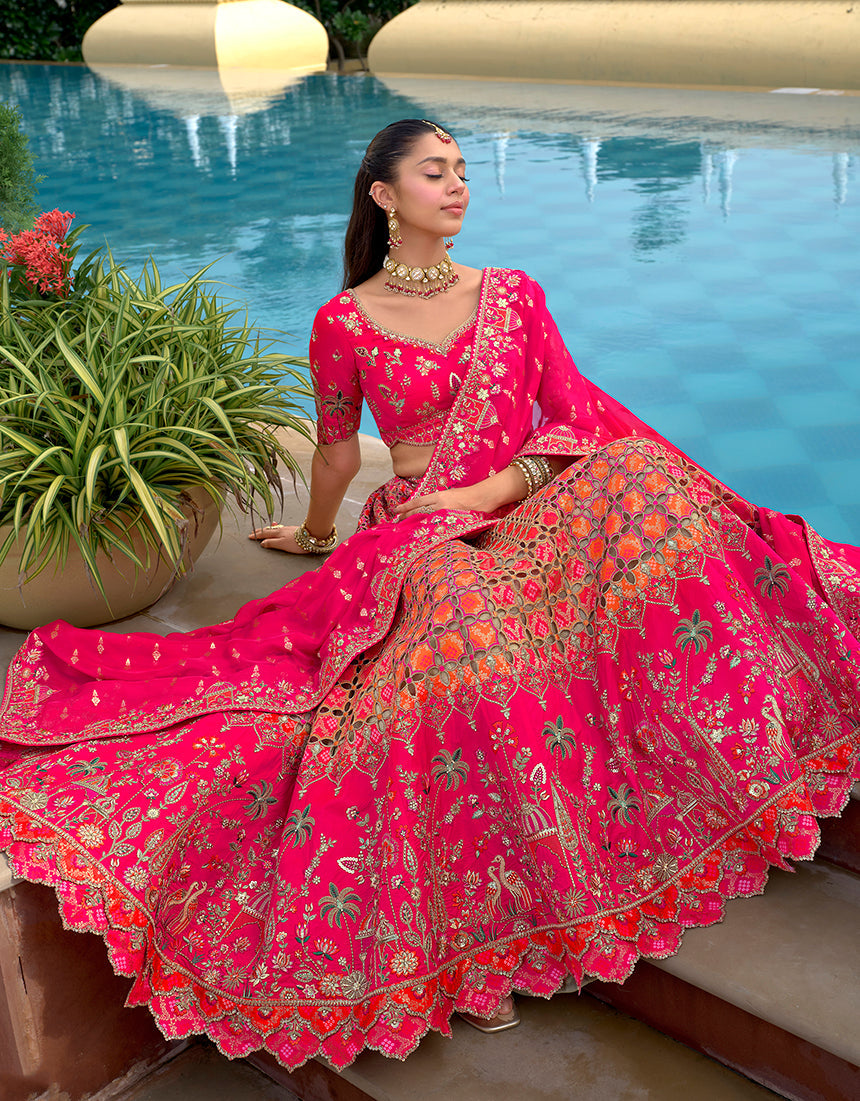 Monjolika Fashion Rani Pink Designer Embroidered Work Fancy Silk Wedding Lehenga Choli