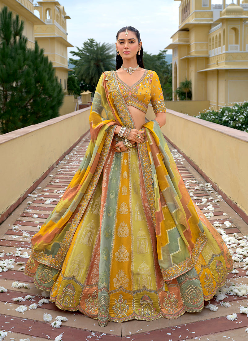 Monjolika Fashion Yellow Designer Embroidered Work Fancy Silk Wedding Lehenga Choli
