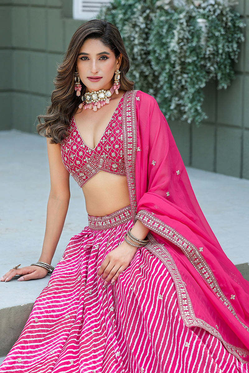 Monjolika Fashion Rani Pink Leheriya Print With Embroidered Faux Georgette Lehenga Choli
